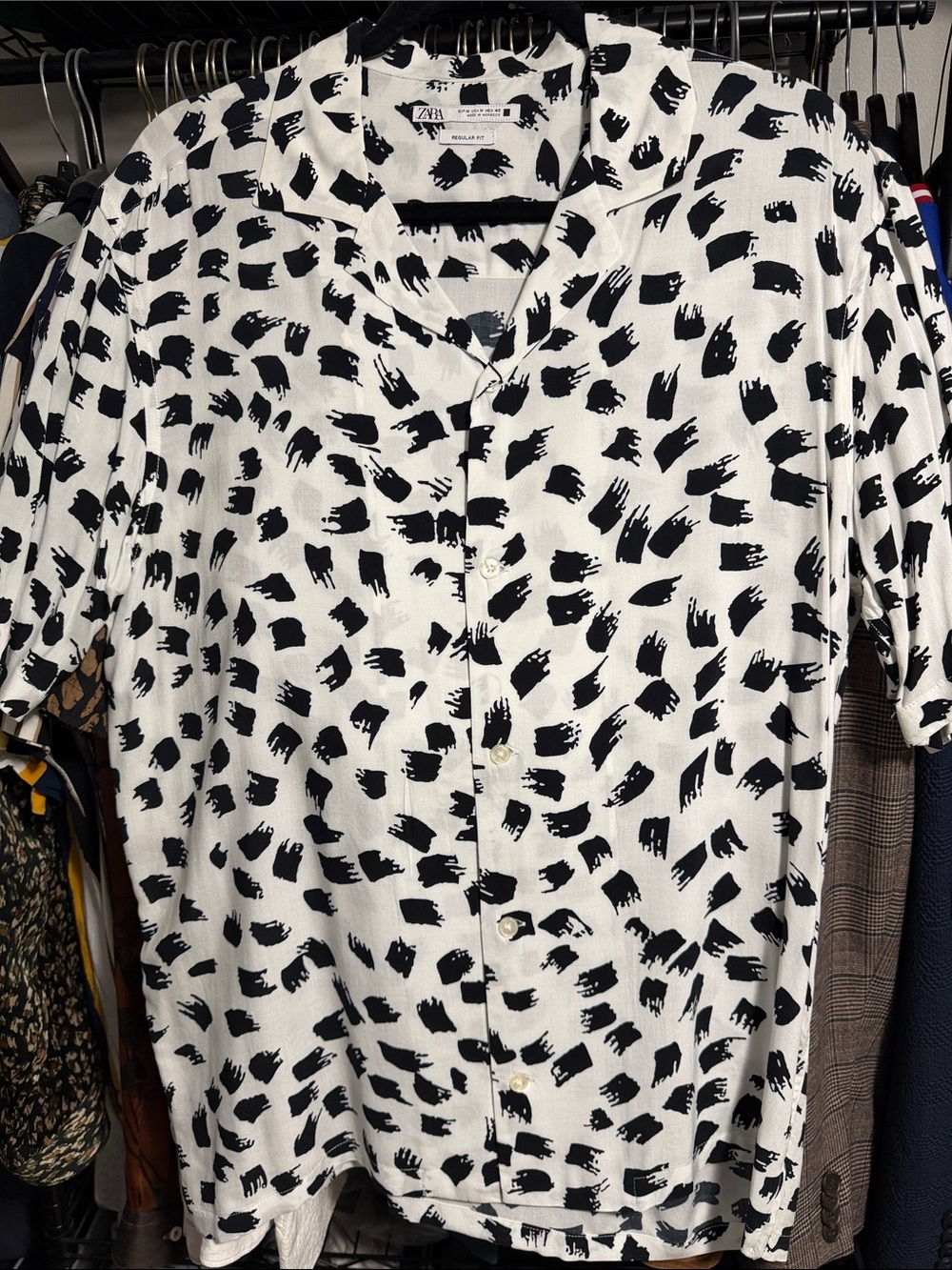 Zara Men Black & White Brushstroke Button-Down Shirt